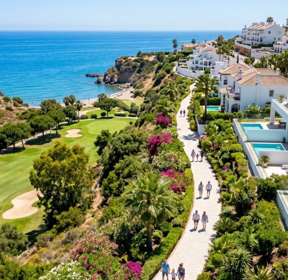 Vistas de las villas, el campo de golf y las calas de Torrequebrada en Benalmádena, Málaga